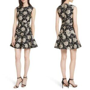 Ted Baker Fit Flare Ruffle Hem Dress Black Floral Size 0 Paisley Ornate‎ Party